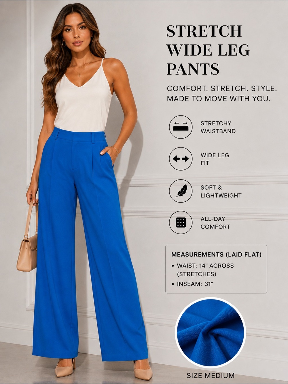 Stretch Wide Leg Pants in Bright Blue — Women's High-Rise Palazzo